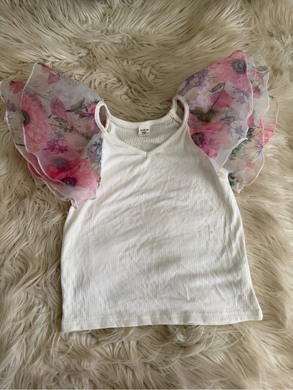 Girls Tank Top with Pink Floral Ruffle Sleeves